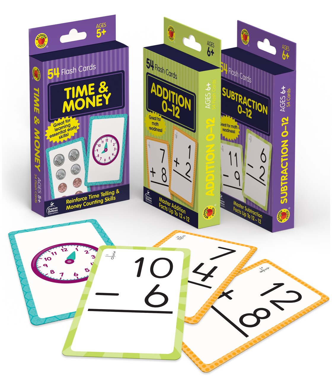 Carson Dellosa 158 Math Flash Cards for Kids Ages 6+, 3-Pack of Math Flash Cards, Addition Flash Cards, Subtraction Flash Cards, and Time and Money Number Flash Cards, 1st Grade Math and Up